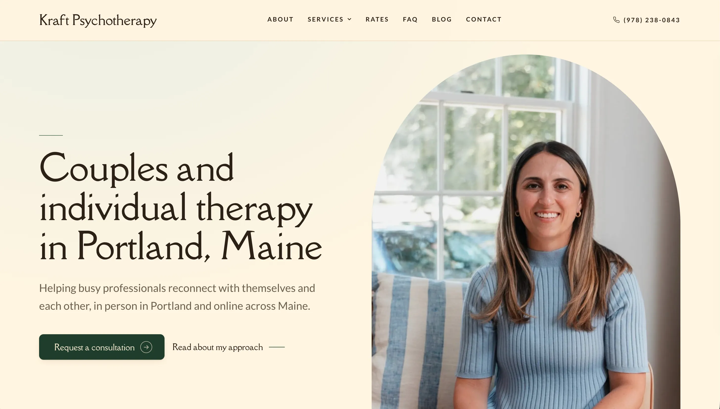 The Kraft Psychotherapy website, a therapy practice site built by Nathan Jewell, shown on a desktop screen