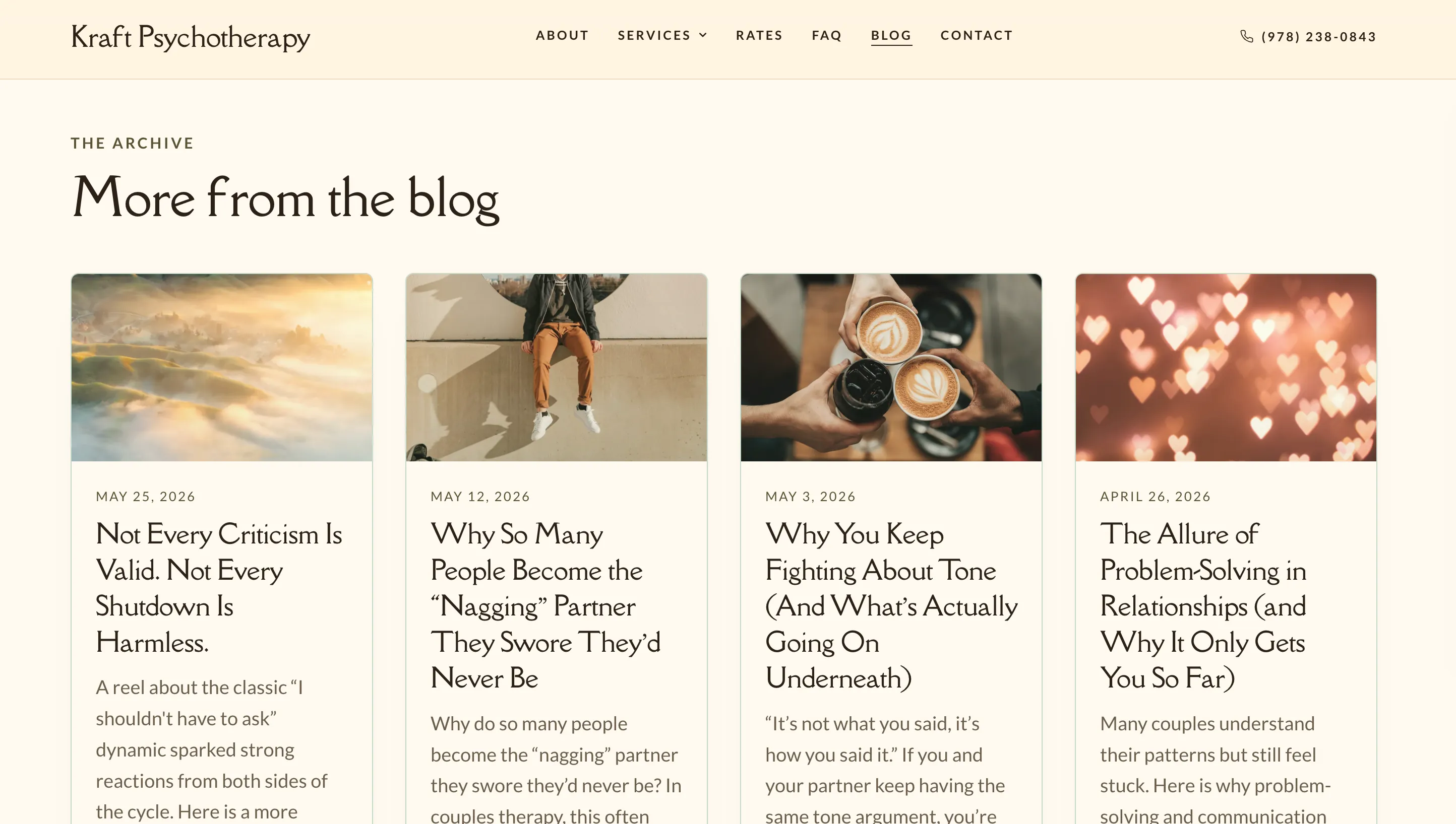 The full blog archive on the Kraft Psychotherapy site, with dated posts she can keep adding to.