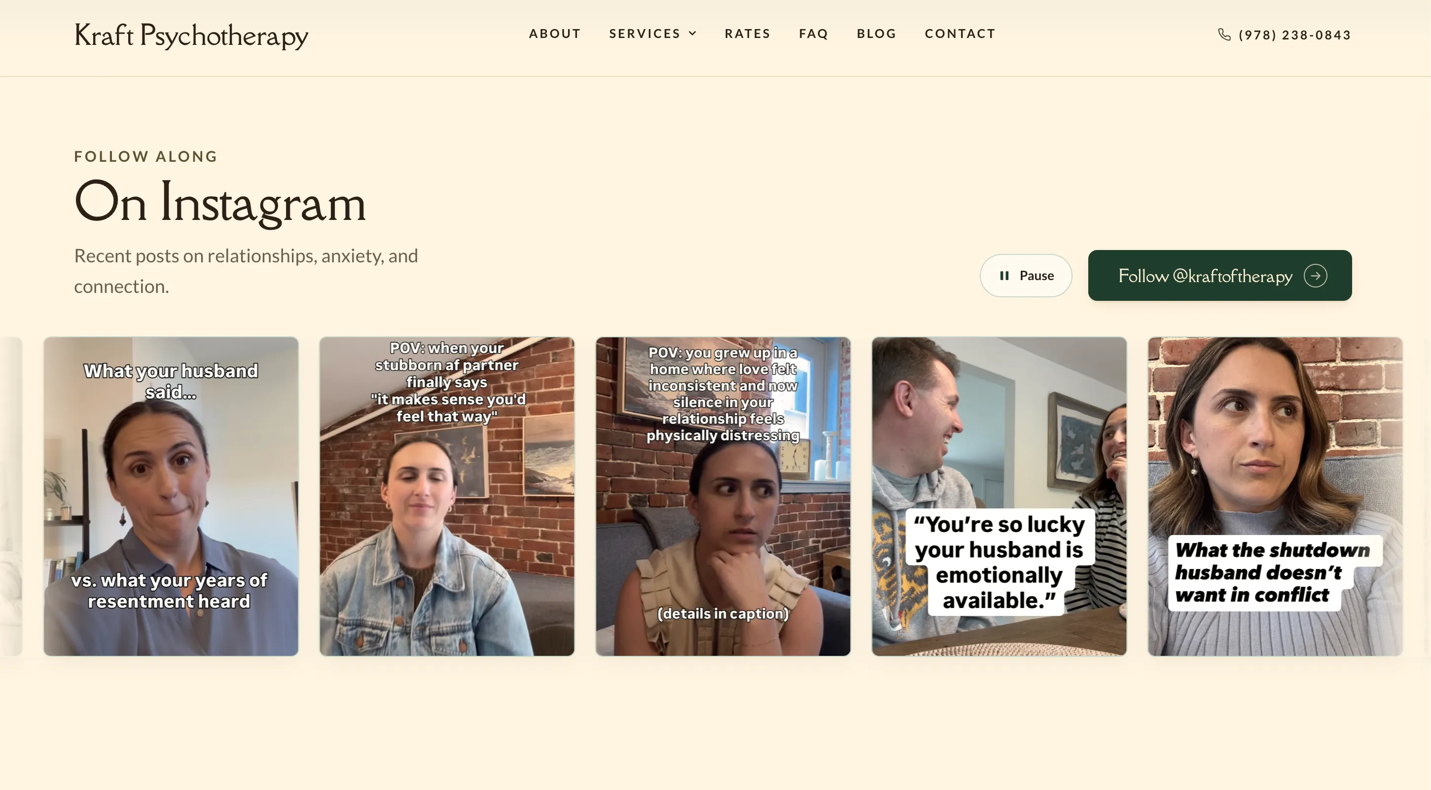The Kraft Psychotherapy site with a live Instagram feed pulling in real posts from @kraftoftherapy.