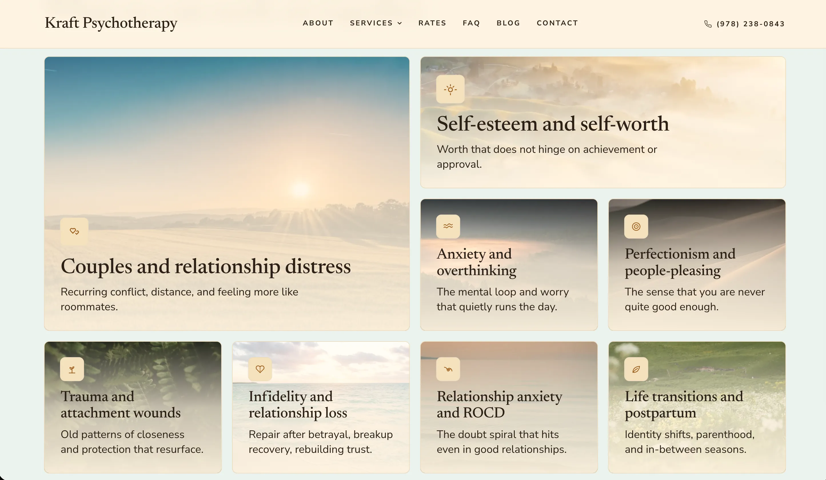 The specialties page on the Kraft Psychotherapy site, describing each kind of therapy Cara offers.