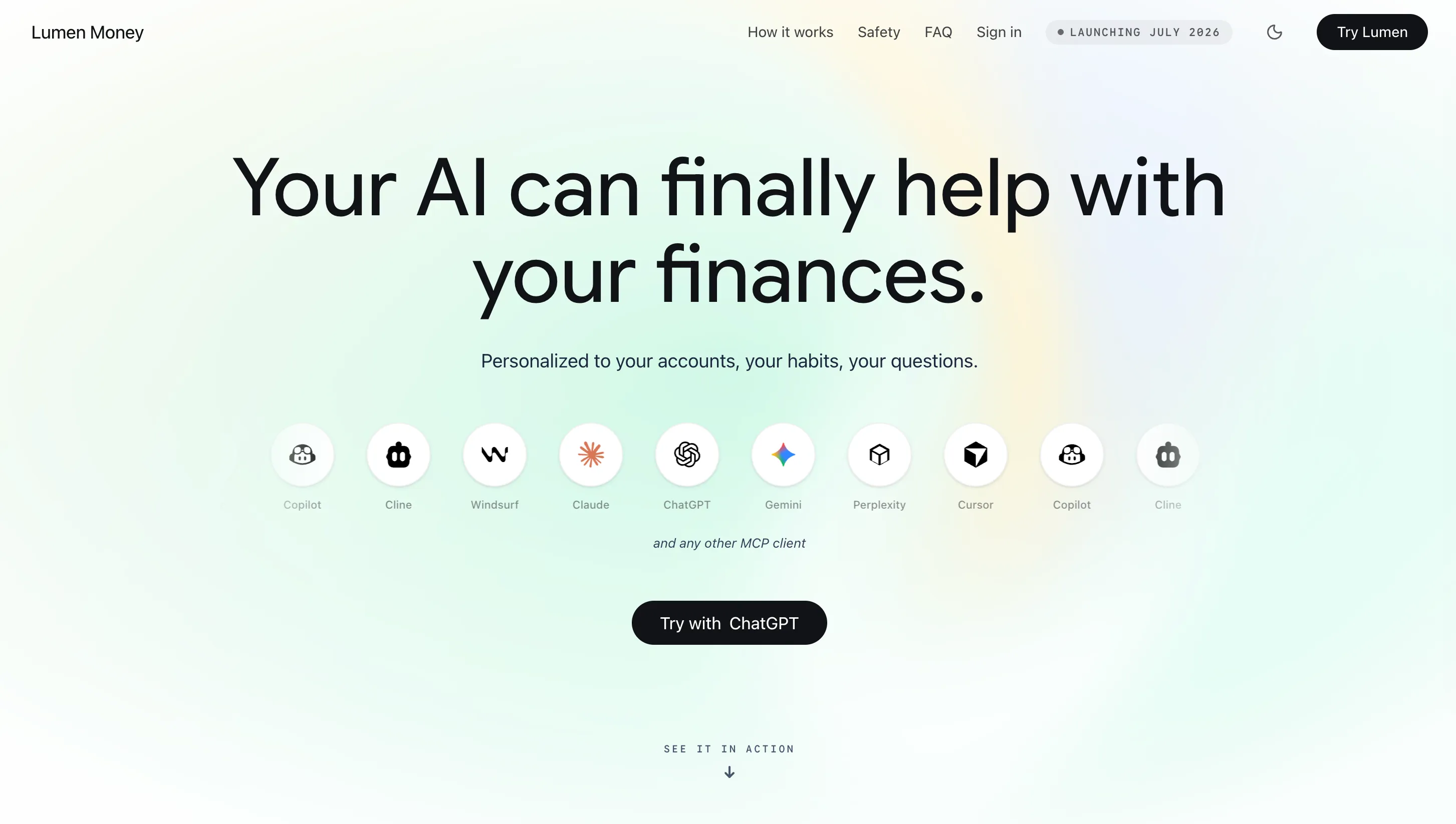 The Lumen Money website, an AI personal-finance product launch site built by Nathan Jewell, shown on a desktop screen
