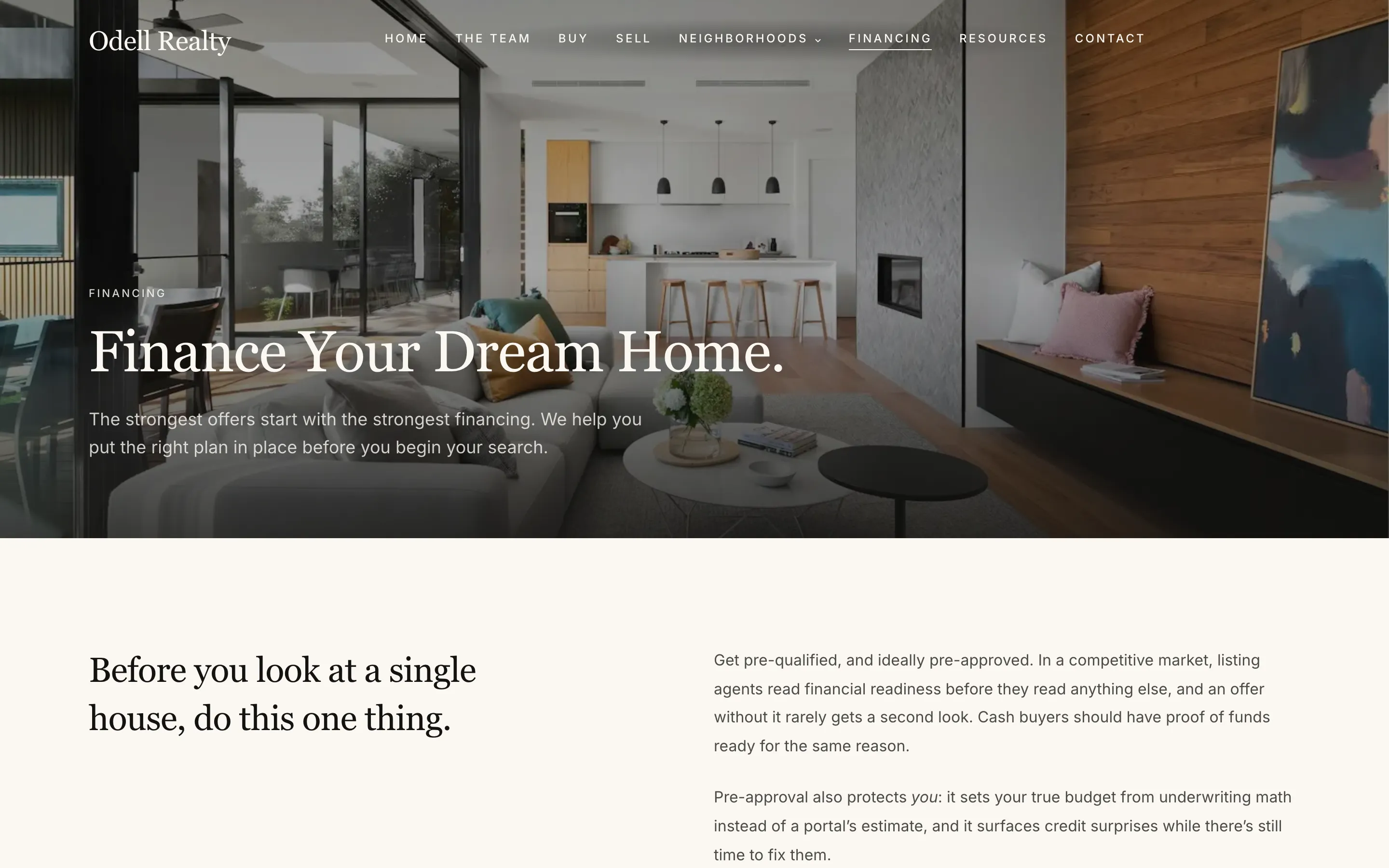 The financing page on the Odell Realty site, headed "Finance Your Dream Home" over a photograph of a modern kitchen and living space.