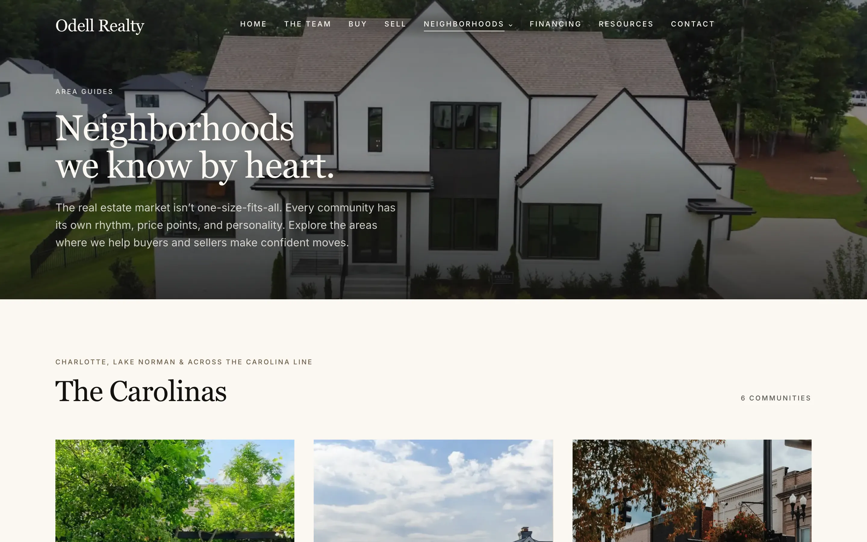 The Neighborhoods index on the Odell Realty site, headed "Neighborhoods we know by heart", with the areas grouped by state.