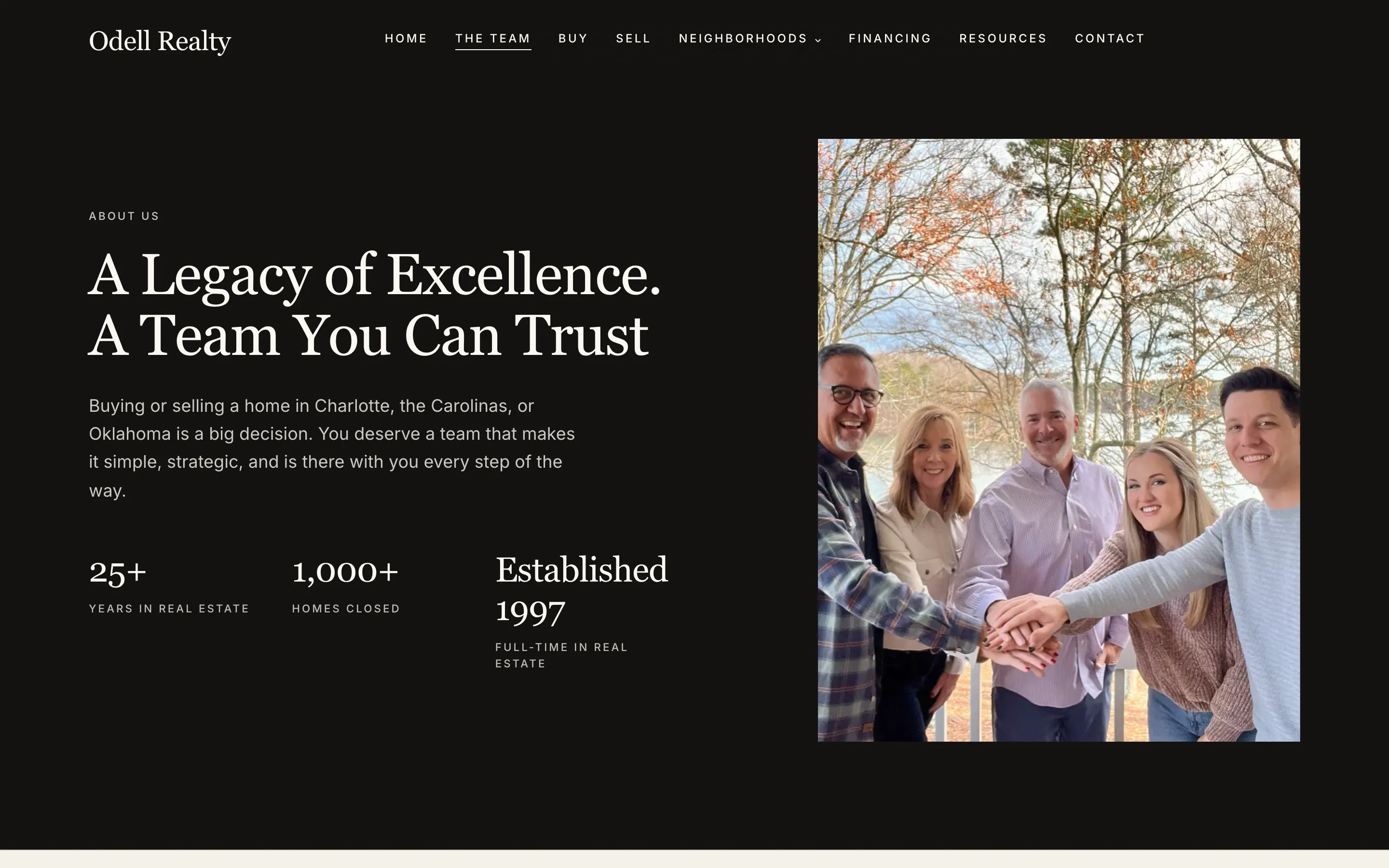 The Odell Realty team page: a dark editorial layout with the Odell family photograph and the brokerage record, twenty-five years, a thousand homes, established 1997.