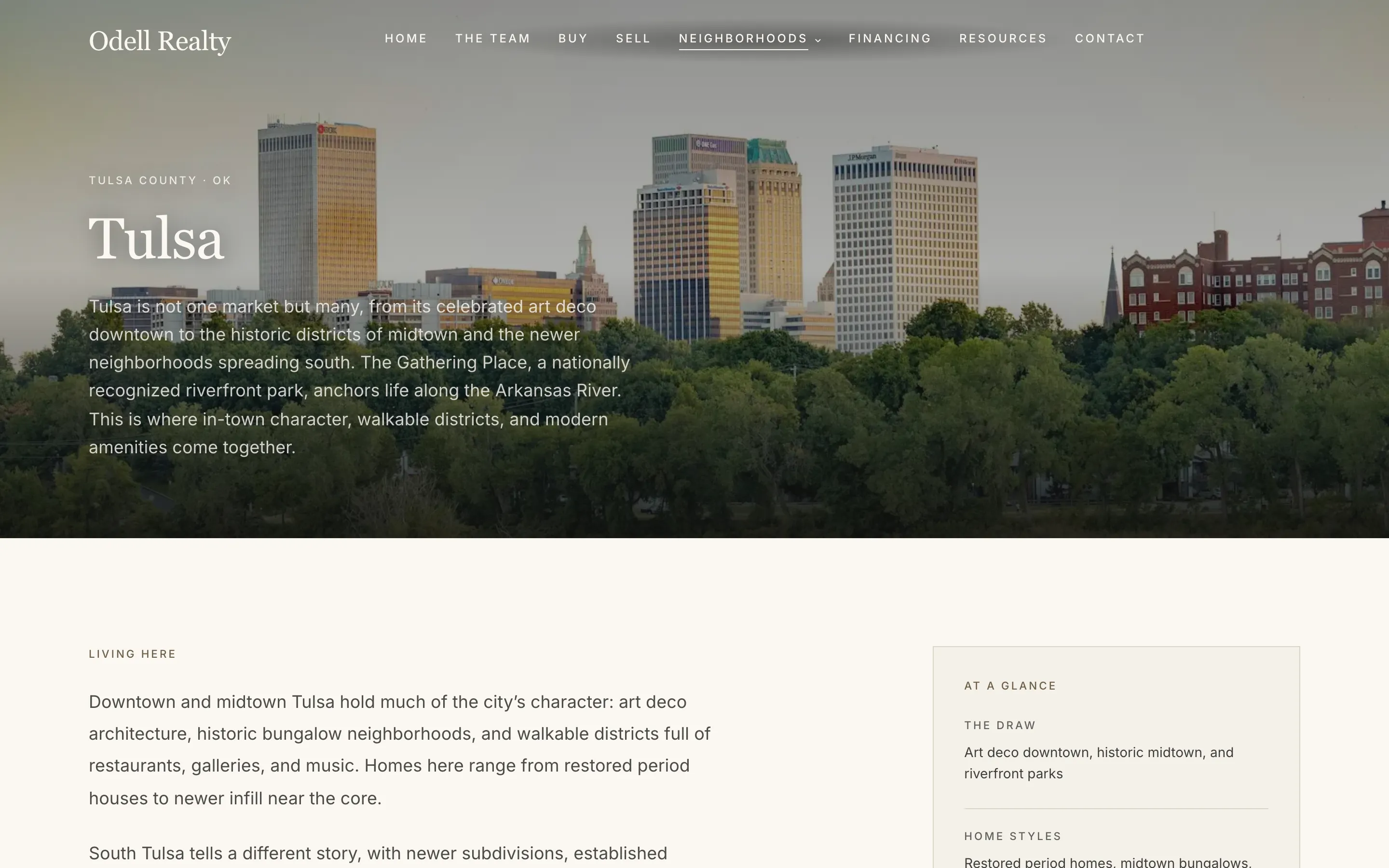 The Tulsa area guide on the Odell Realty site, with the city skyline, a description of the market, and an at-a-glance panel of home styles.